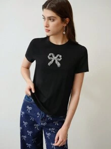 MOTF STUDIO RHINESTONE DETAIL BOW EMBROIDERY T-SHIRT,VALENTINE'S DAY,SPRING/SUMMER - Black - View 6