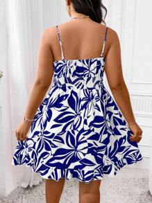 Elenzga 大码夏季印花连衣裙，修身细肩带蓝色连衣裙女士细肩带连衣裙，A 字型吊带短裙休闲假日热带雨林印花连衣裙海岛度假沙滩裙新款夏季花卉印花 A 字型细肩带连衣裙腰部收紧高腰连衣裙性感露背细肩带连衣裙，海滩度假氛围 A 字型系带无袖连衣裙 - 藏蓝色 - 查看 2