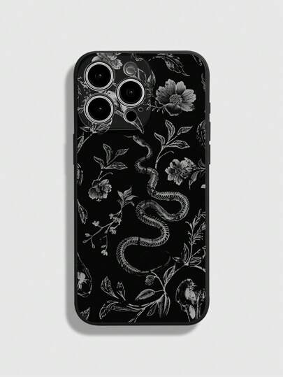 Goth 1 pezzo Custodia per telefono nera anti-goccia opaca in TPU con stampa a motivo serpente, design gotico con fiori, ossa di serpente e teschio