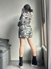 SHEIN EZwear Plus Size Women's Spring Utility Vintage Street Camo Pocket Jumpsuit - Army Green - View 2