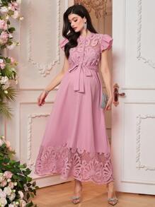 SHEIN 孕妇装 撞色蕾丝盖袖打结腰优雅连衣裙 - 粉色 - 查看 6