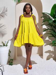 Slaydiva Women's Ruffle Trim Tie-Up Short Dress - Yellow - View 4