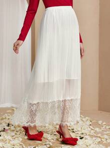 Chiquease 女士纯色撞色蕾丝松紧腰半身裙，优雅