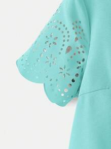 SHEIN Clasi 女士纯色圆领短袖镂空编织衬衫 - 薄荷藍 - 查看 4