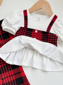 SHEIN Baby Girl Cute Summer Casual Knit 2 In 1 Plaid Patchwork Short Sleeve Top And Elastic Waist Plaid Flare Pants Set - Red - View 3