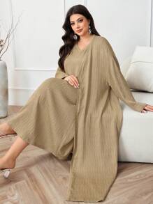 Al Najma Plus Size 2pcs Solid Long Sleeve Cover Up Dress - Khaki - View 1