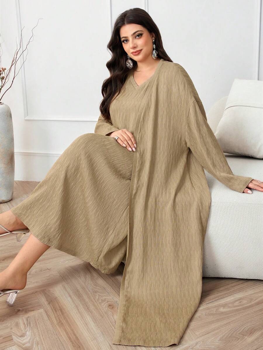 Al Najma Plus Size 2pcs Solid Long Sleeve Cover Up Dress - Khaki - View 1