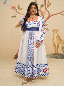 Travachic Plus Size Bohemian Vacation Casual Apricot Retro Print Lace Patchwork Dress For Women - Multicolor - View 3