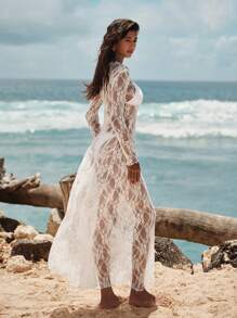 Opulessa 女士纯色针织蕾丝长袖美人鱼连衣裙 - 白色 - 查看 2