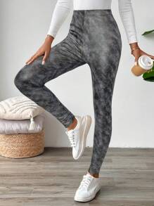 SHEIN LUNE Quần legging phủ vải co giãn đơn giản cho nữ, mặc thường ngày - Xám - Xem 6