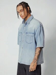 ROMWE MEN Street Life Men's Washed Loose Short Cut Denim Shirt - Multicolor - View 3