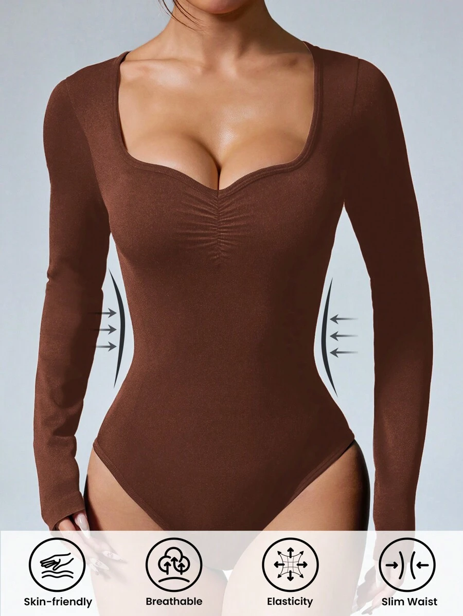 Easithlete 1 件女式纯色甜心领长袖修身无缝紧身衣 - 咖啡棕 - 查看 1