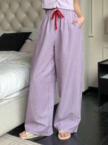 DAZY 条纹宽松腰抽绳休闲舒适裤，女士春季家居舒适裤睡衣 - 紫色 - 查看 8
