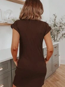 INAWLY Women's Simple Solid Color Short Casual Dress, Daily Wear - Coffee - View 3