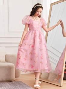 SHEIN Vestido largo con mangas abultadas de organza y estampado floral para adolescentes - Rosa - Ver 5