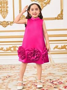 SHEIN Leap Crew Young Girl Elegant Loose Casual Round Neck Sleeveless Midi Dress With Exaggerated 3D Floral Design - Hot Pink - View 3