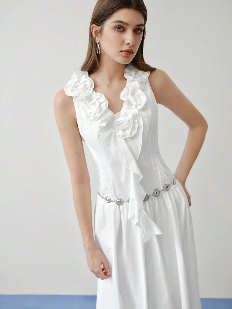 MOTF STUDIO WOMEN 3D FLOWER SLEEVELESS DRESS WITH BOHEMIAN STYLE BELT,VALENTINE'S DAY OUTFIT,SPRING/SUMMER