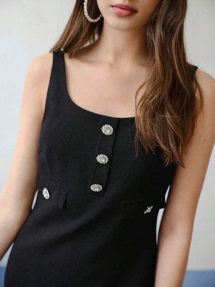 MOTF STUDIO RHINESTONE BUTTON DECOR TANK DRESS,VALENTINE'S DAY OUTFIT,SPRING/SUMMER