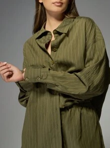 MISSGUIDED Bộ Co-Ord Sọc Vải Lanh Sang Trọng Áo Sơ Mi Cài Cúc Quá Khổ Quần Ống Rộng Trang Phục Công Sở Chuyên Nghiệp Trang Phục Đi Nghỉ Mát Mùa Xuân Hè - xanh quân đội - Xem 6