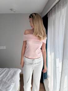 CovetEZ 粉色针织露肩紧身T恤，简约时尚的日常休闲装 - 粉色 - 查看 5