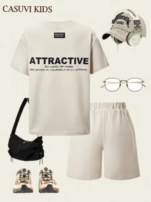 SHEIN 2pcs Boys Simple Pattern Short Sleeve T-Shirt & Shorts Set, Casual Versatile Summer New Arrival - Apricot - View 8