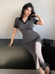 DAZY Women's Form-Fitting Color Block Short Sleeve Slim Fit Long Dress Sundress,Casual Women Dresses
