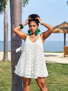 Slaydiva Plus Size Women's Lightweight Casual Jacquard Wide-Leg Romper - Apricot - View 6