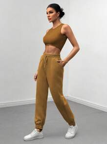 SHEIN Essnce 3 件/套女式單色背心、拉鍊連帽外套和慢跑褲套裝 - 棕色 - 查看 4
