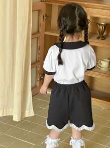 DAZY 2pcs/Set Young Girl Casual Simple Stylish Short Sleeve Top And Shorts Set, For Daily Wear - White - View 6