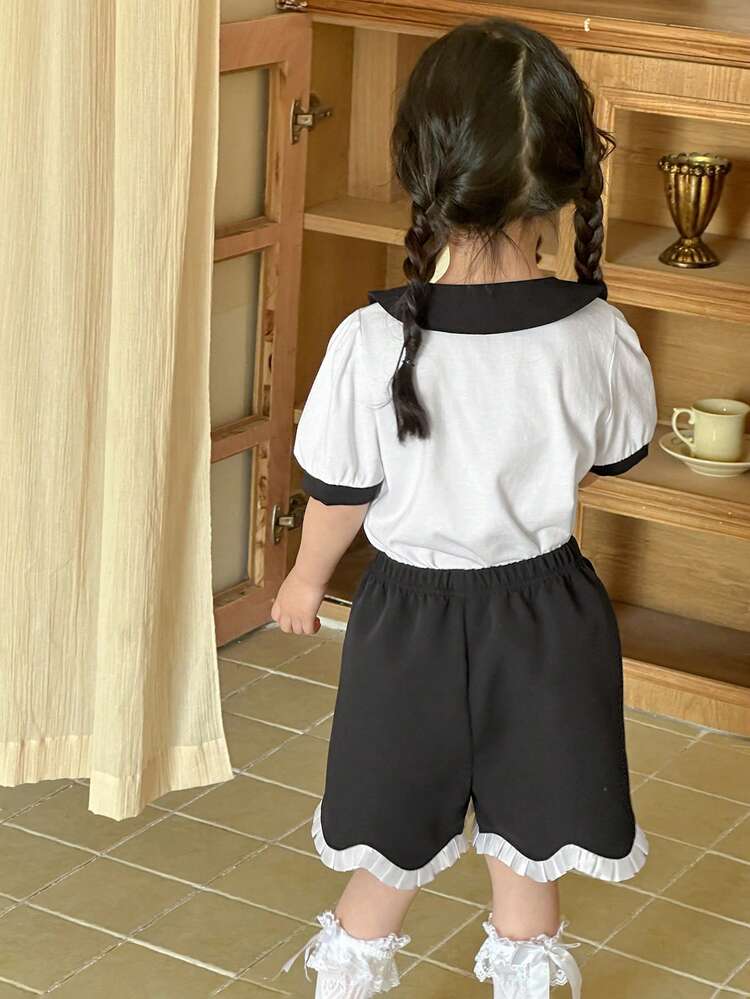 2pcs/Set Young Girl Casual Simple Stylish Short Sleeve Top And Shorts Set, For Daily Wear