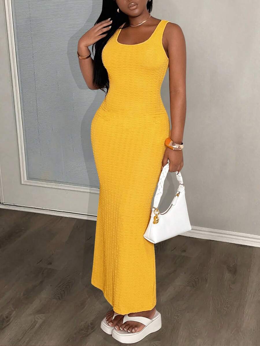 Slaydiva New Spring And Summer Casual Basic Everyday Versatile U-Neck Vest-Style Fishtail Skirt Slim Long Skirt Yellow Knitted Women's Long Dress-G - Yellow - View 1