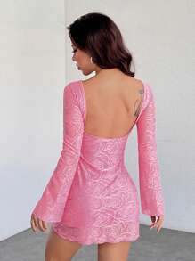 SHEIN PETITE Sexy Pink Jacquard Mesh Backless Long Sleeve Party Dress For Women