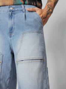 ROMWE MEN Men's Front Button Pocket Raw Hem Casual Simple Denim Shorts - Blue - View 3