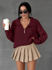 EURMUSE Special Neck Detail With Zipper Pullover Sweater - Burgundy - View 1