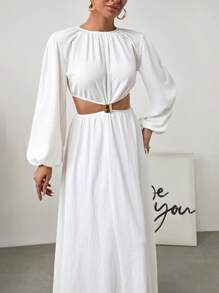 EURMUSE Metal Buckle Detailed Long White Dress - White - View 3