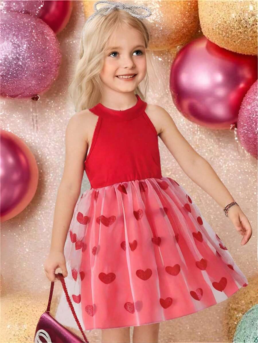 Glamorique Kids Young Girl' Elegant Round Neck Sleeveless High Waisted Heart Pattern Mesh Mini Dress, Suitable For Attend Balls And Parties In Summer Valentine's Day - Red - View 1