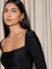 AiiRZ 优雅方领紧身衣长袖修身上衣专业办公室装派对晚装精致基本款紧身第二层皮肤 - 黑色 - 查看 3