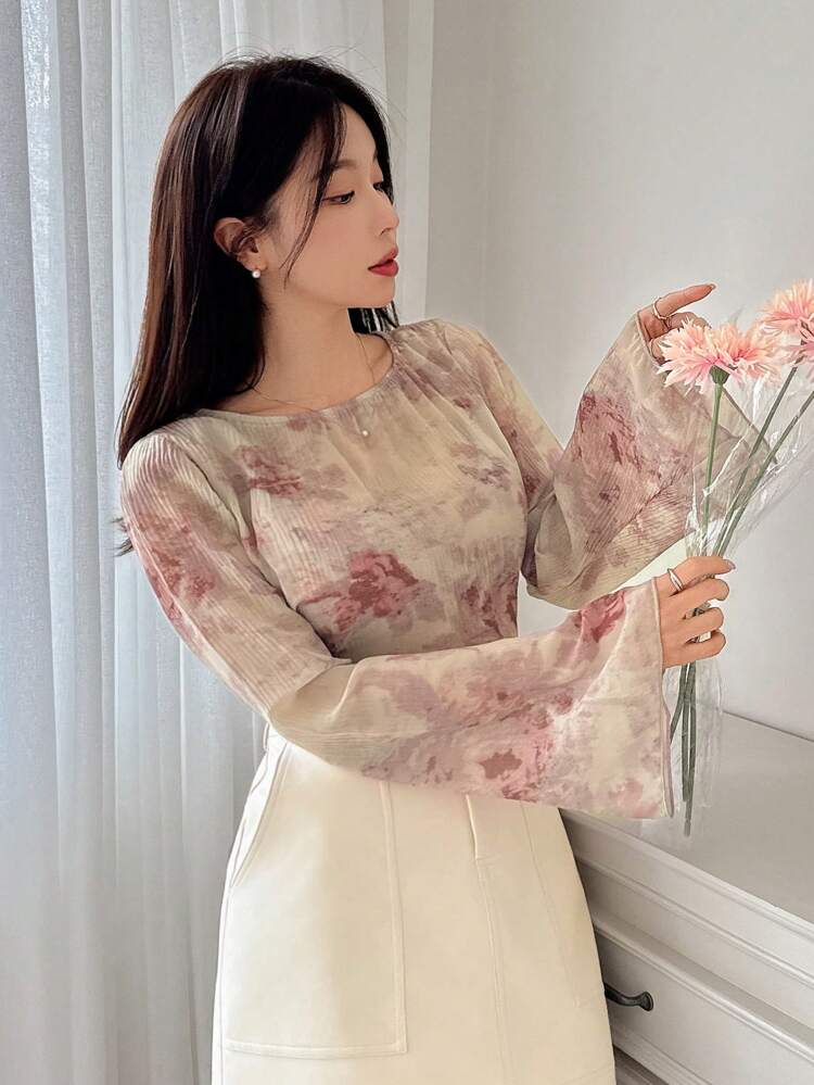 Women's Textured Floral Print Flare Sleeve Casual Blouse For Holiday, Spring & Summer Sheer Long Sleeve Top Easter