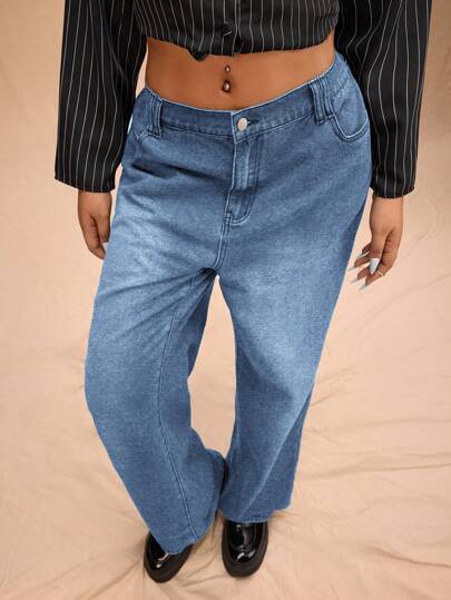 Forever 21 Plus Size Women's Autumn/Winter New Retro Vintage Washed Wide Leg Classic Jeans