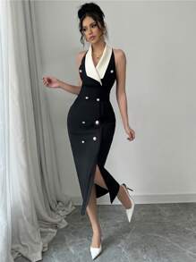 Elenzga Elegant Office Commute Party Cocktail Dress With Color-Blocking - Black - View 3