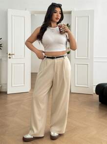 SHEIN EZwear Pantalones casuales rectos y holgados de talla grande - Albaricoque - Ver 5