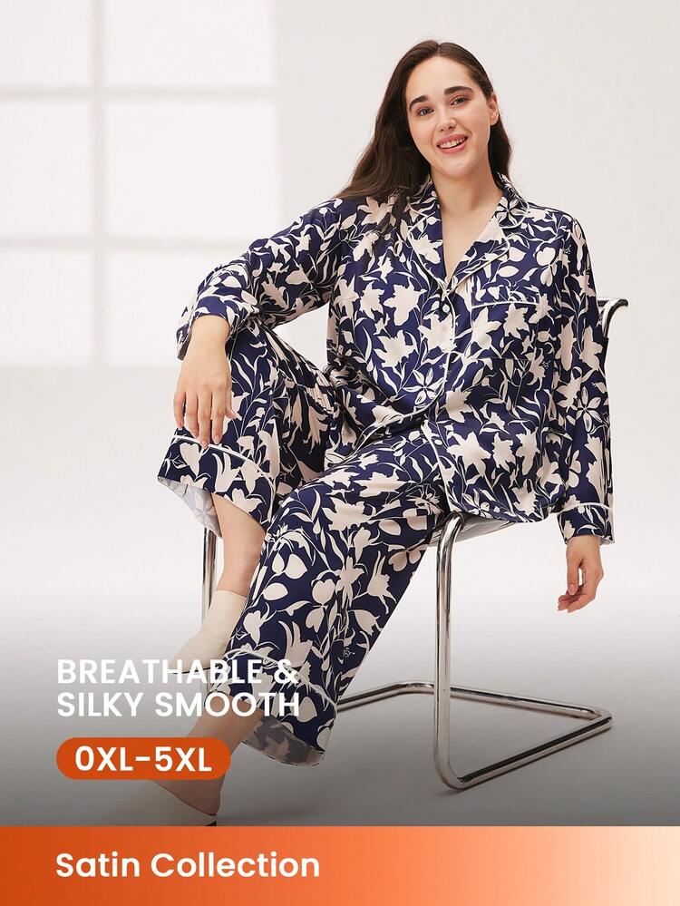 秋冬 プラスサイズ レディース ベーシック フローラル柄 サテン ボタンアップ ロングパジャマセット ラウンジウェア ポケット付きパンツ ランジェリー 秋冬パジャマ