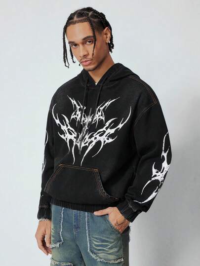 Grunge Punk معطف جينز رسمي للرجال بغطاء للرأس ورباط للسحب بطبعات