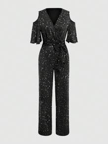 INAWLY 女士休闲银色露肩连体裤，适合通勤