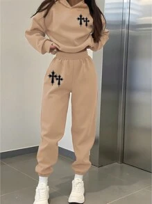 SHEIN Áo nỉ dày dài tay có mũ trùm đầu thường ngày cho bé gái tuổi teen, phù hợp cho mùa thu/đông - Lạc đà - Xem 1