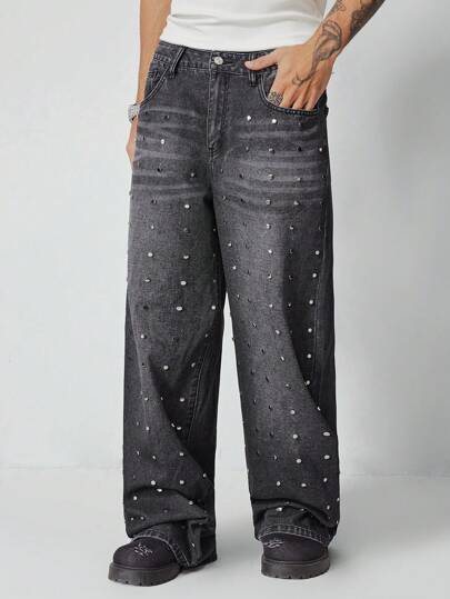 Grunge Punk بنطال جينز واسع الساق بجيب مريح مناسب للرجال