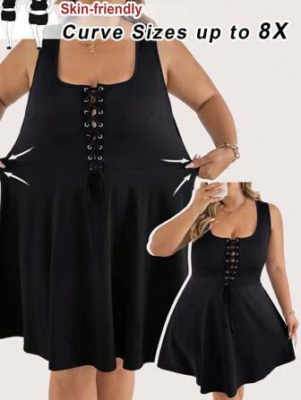 SHEIN CURVE+ Plus Size Women Summer New Fashion Casual Criss-Cross Bust U-Neck A-Line Sleeveless Dress