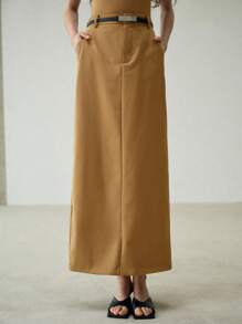 MOTF PREMIUM STRAIGHT SPLIT HEM BELTED SKIRT - Khaki - View 2