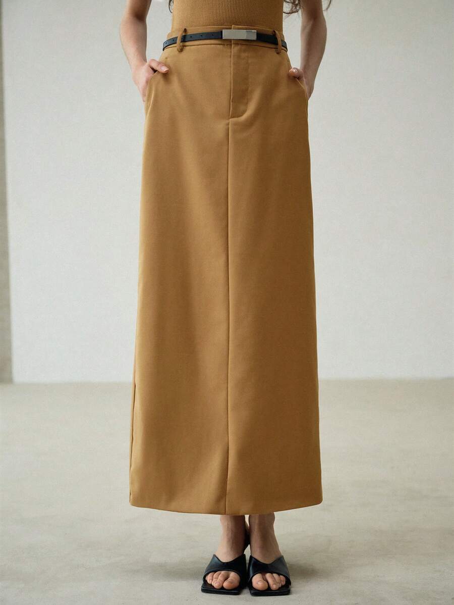 MOTF PREMIUM STRAIGHT SPLIT HEM BELTED SKIRT - Khaki - View 2