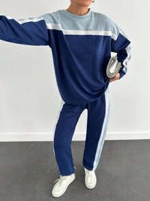 EURMUSE 棉質拼接設計運動衫 + 運動長褲套裝，高個女性適用 - 藍色 - 查看 4